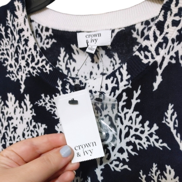 Crown & Ivy Navy Blue Coral Stripe Button Cardigan Sweater Women Size Large NWT - Picture 5 of 8